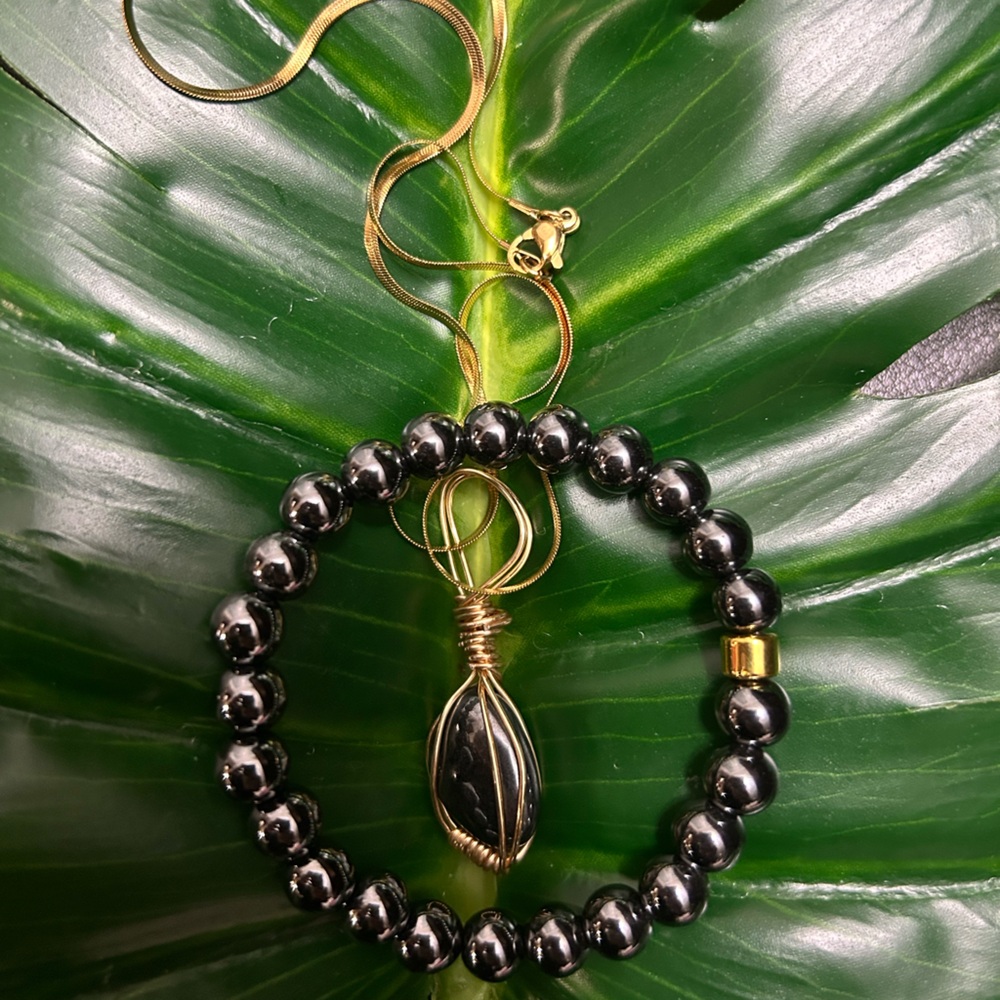 dainty HEMATITE wire wrapped pendant gold necklace & bracelet set ARTISAN MADE